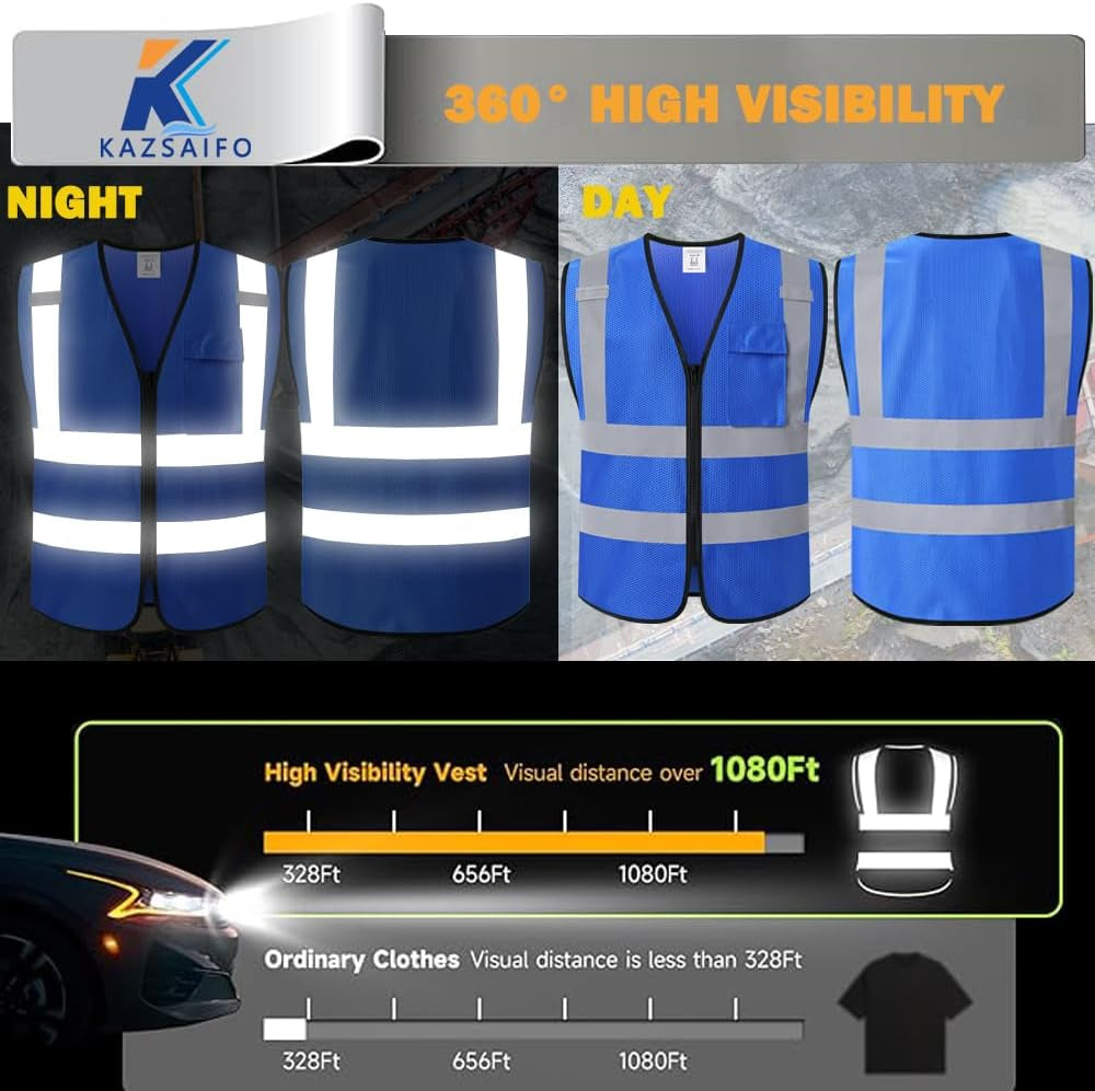 High Visibility Reflective Safety Vest for Men and Women - KZ179 Blue XX-Large with Practical Chest Pocket and Breathable Mesh Design