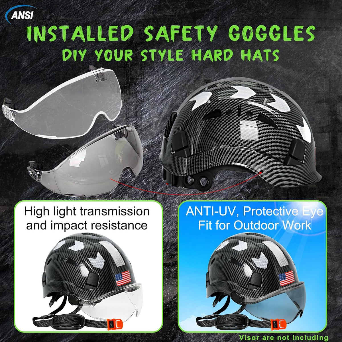 Premium Vented Carbon Fiber Hard Hat - ANSI Z89.1 Type 1 Class C Safety Helmet with 6-Point Suspension, Chin Strap & Reflective Strips for Ultimate Protection in Construction