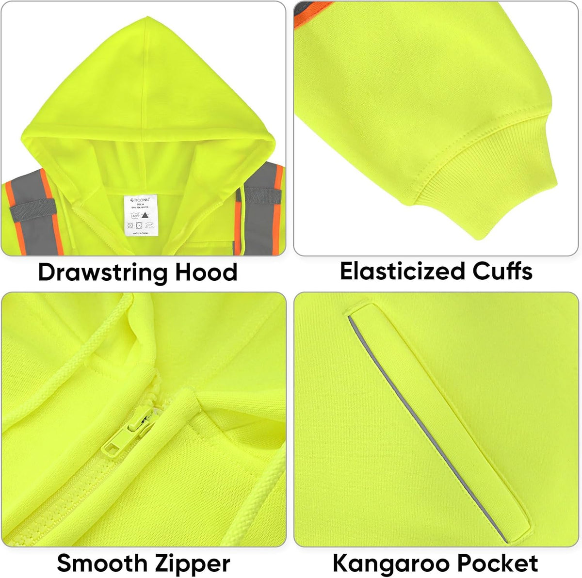 Hi Vis Safety Hoodie, ANSI Class 3 Reflective Fleece Sweatshirt