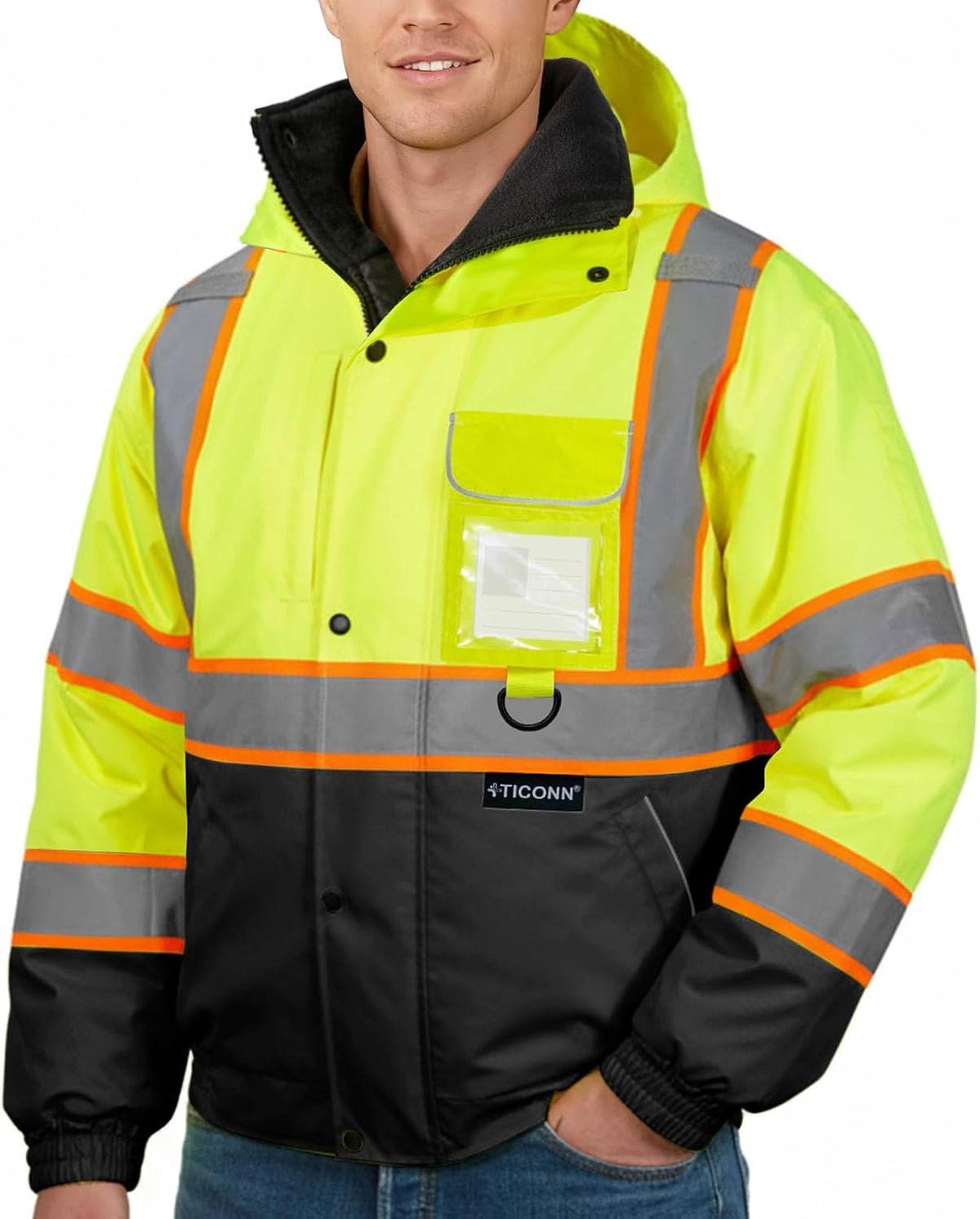 Hi Vis Safety Bomber Jacket, Fleece-Lined Waterproof ANSI Class 3