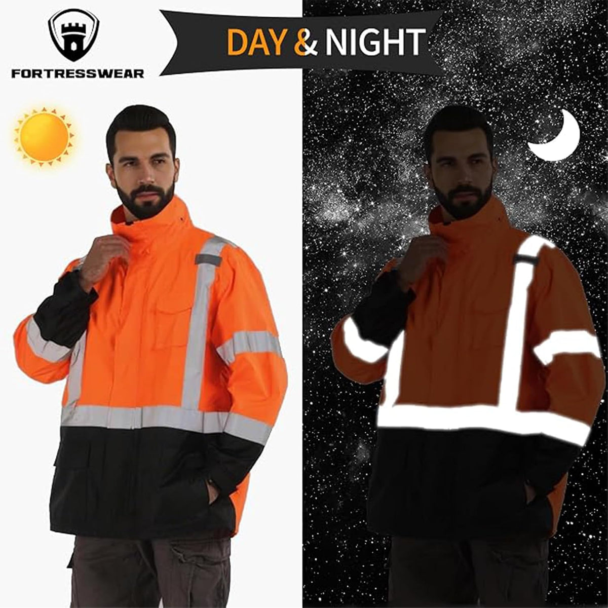 Hi Vis Rain Jackets for Men Reflective Waterproof High Visibility Class 3 Safety Rain Coat with Black Bottom