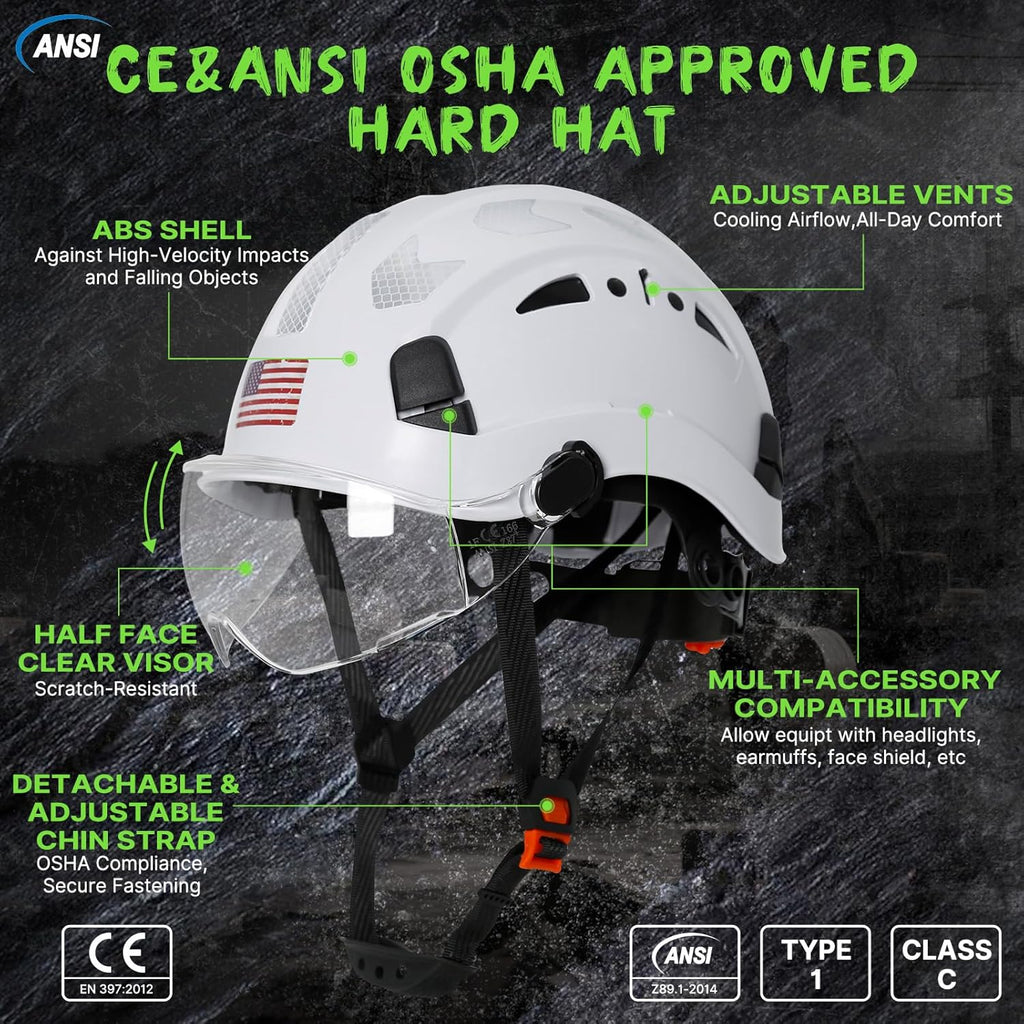 Premium Construction Safety Hard Hat - ANSI Z89.1 Certified Lightweight Reflective ABS Helmet with Adjustable Chin Strap for Men and Women - Ideal for Industrial Workwear and Optimal Head Protection