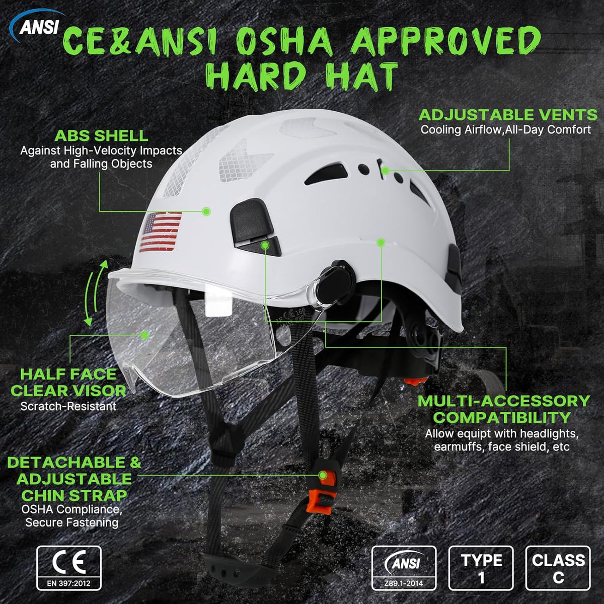 Premium Construction Safety Hard Hat - ANSI Z89.1 Certified Lightweight Reflective ABS Helmet with Adjustable Chin Strap for Men and Women - Ideal for Industrial Workwear and Optimal Head Protection