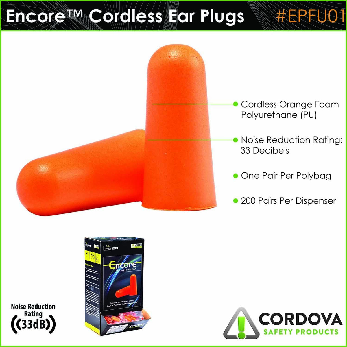 EPFU01 Encore Orange Foam Pu Ear Plugs, Uncorded, Nrr 33 Db, 200-Pack