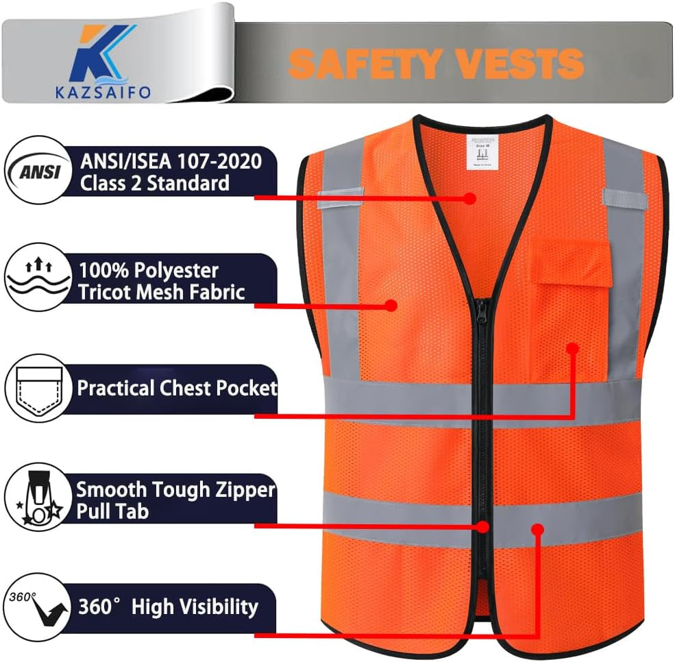 Hi Vis Construction Safety Vest for Men Women,Kz179,Orange,M