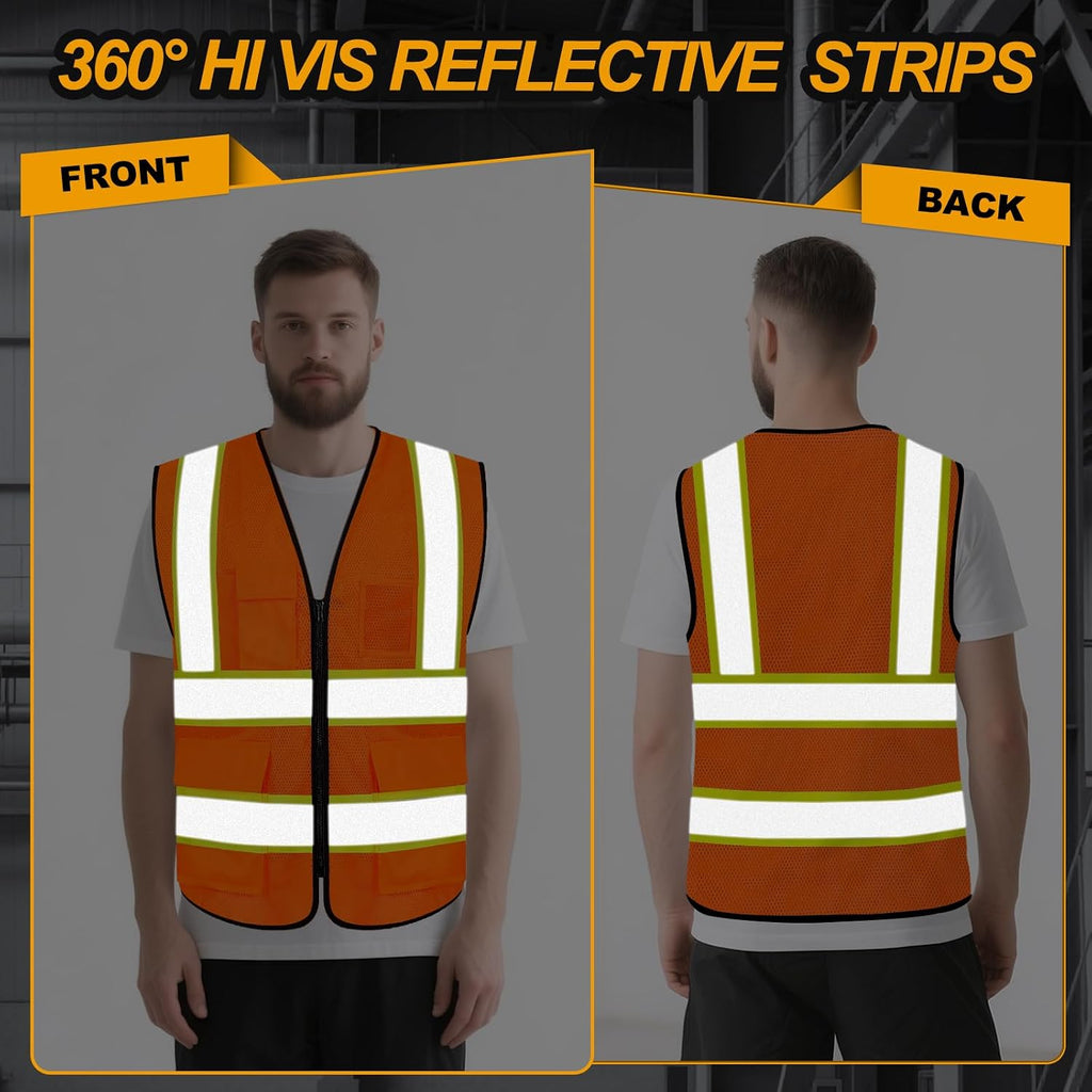 Safety Vest for Men 5 Pockets Mesh High Visibilitv Vest, Orange XL
