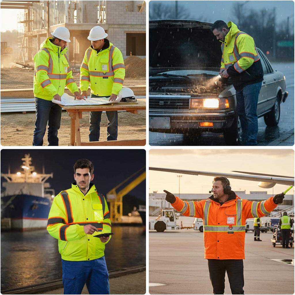 Hi Vis Safety Bomber Jacket, Fleece-Lined Waterproof ANSI Class 3