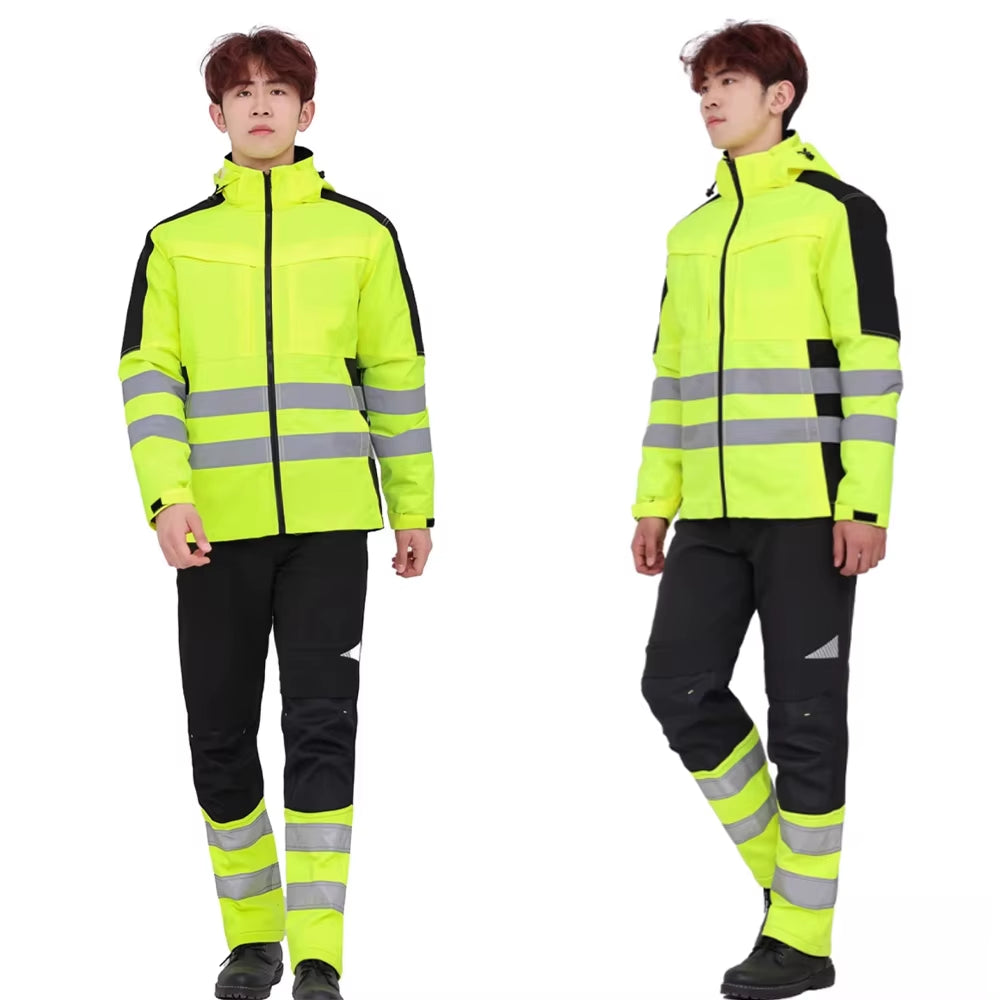 Hi Vis Working Clothes Winter Safety Jacket Waterproof High Visibility Safety Work Sets with Detachable Cotton Linner ﻿