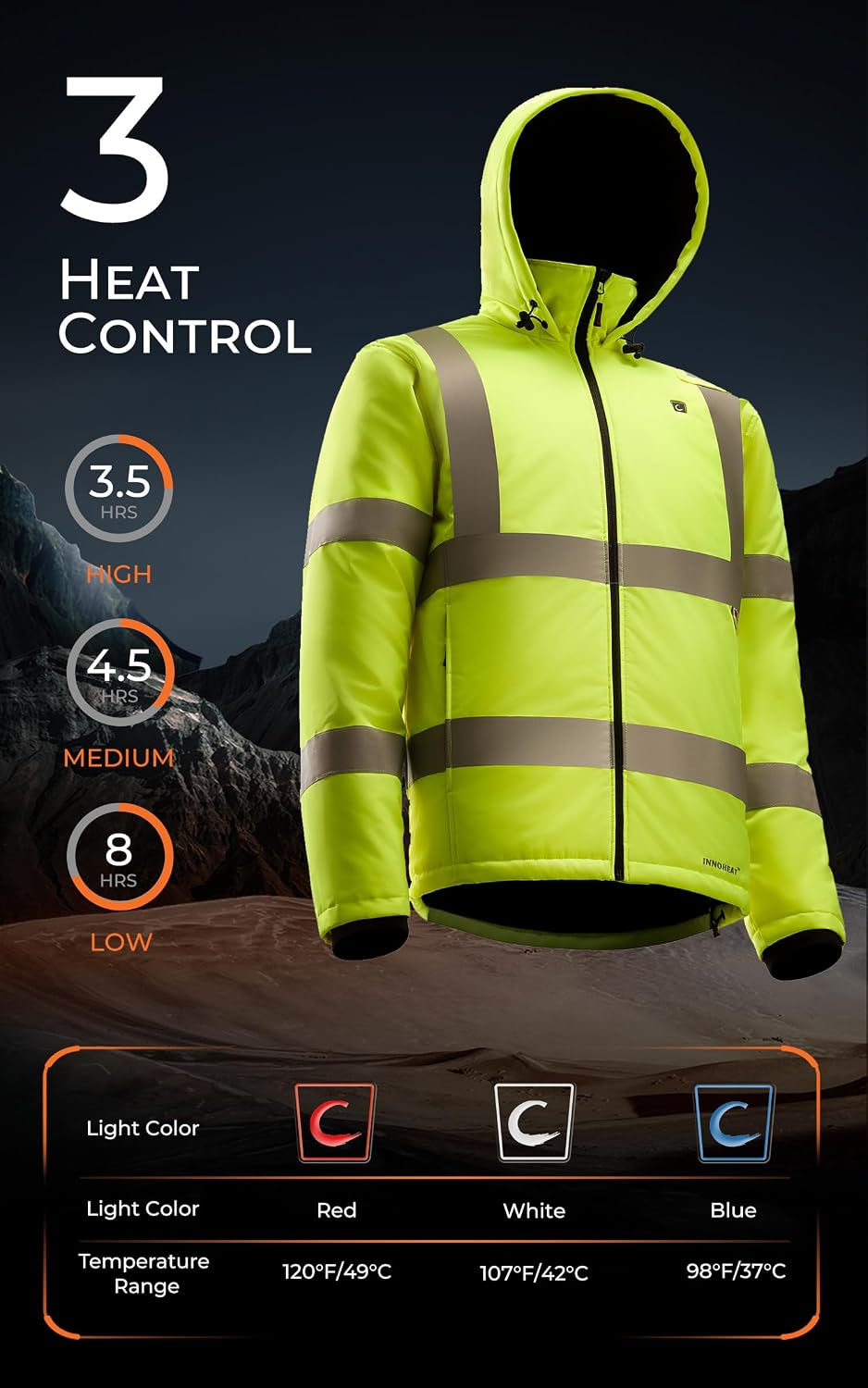 Stay Warm and Visible: Men's Heated Hi-Vis Safety Jacket with Battery, Class 3 Waterproof Work Coat Featuring 3M Reflective Tape for Winter