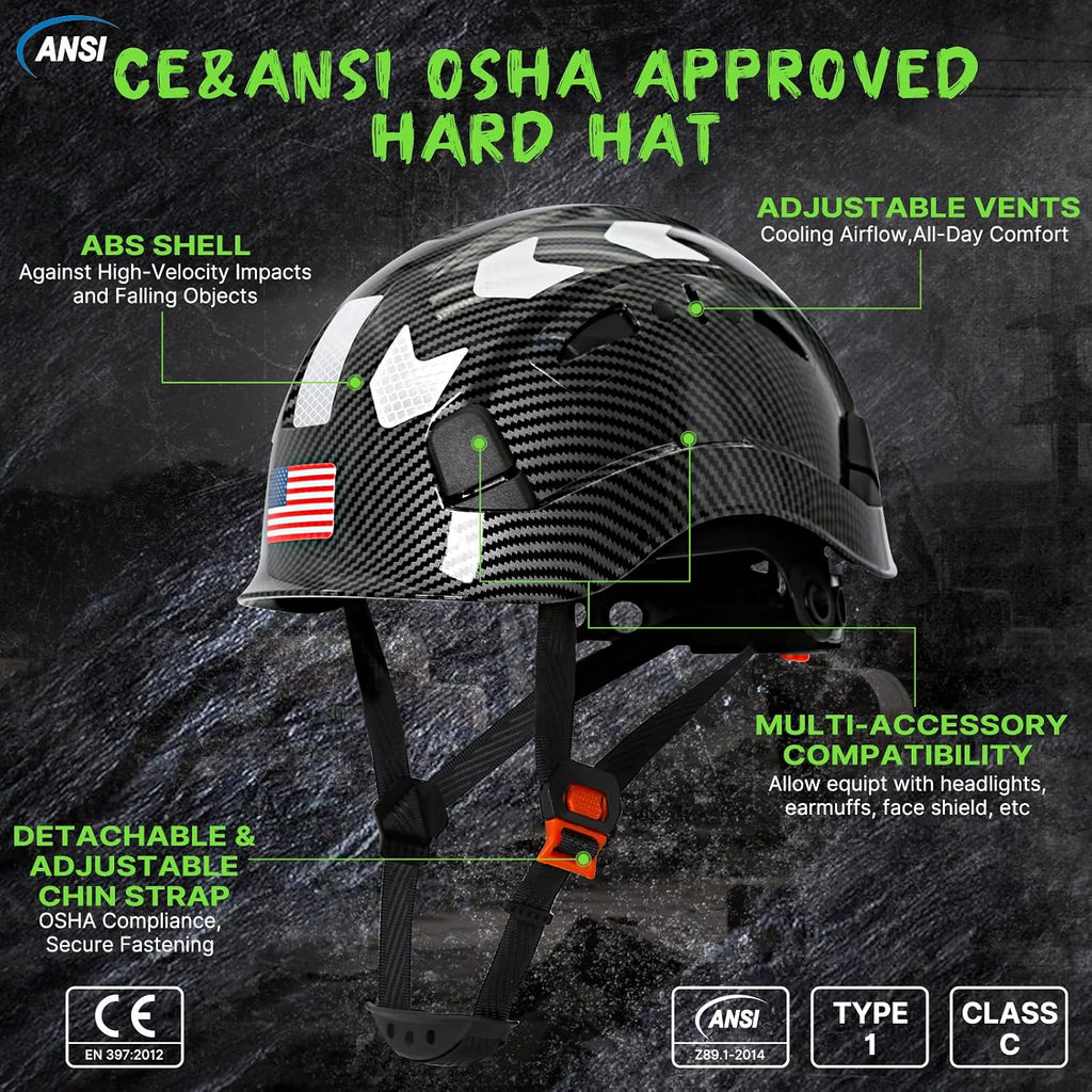 Premium Vented Carbon Fiber Hard Hat - ANSI Z89.1 Type 1 Class C Safety Helmet with 6-Point Suspension, Chin Strap & Reflective Strips for Ultimate Protection in Construction