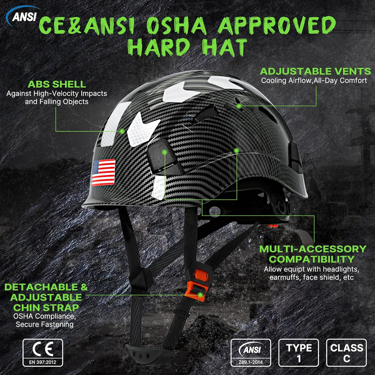 Premium Vented Carbon Fiber Hard Hat - ANSI Z89.1 Type 1 Class C Safety Helmet with 6-Point Suspension, Chin Strap & Reflective Strips for Ultimate Protection in Construction