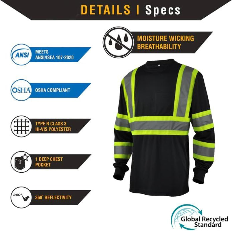 Hi Vis Class 3 T Shirt Reflective Safety Black Short Long Sleeve HIGH Visibility 39 55