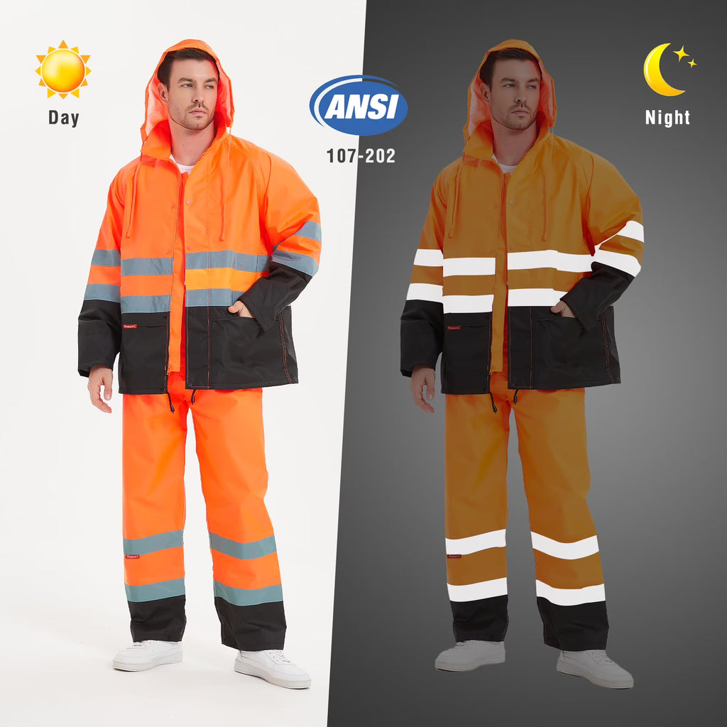 Stay Visible and Dry: Hi-Vis Waterproof Rain Jacket and Pants Set for Men and Women - Perfect for Work, Fishing, and Outdoor Adventures in Bright Orange