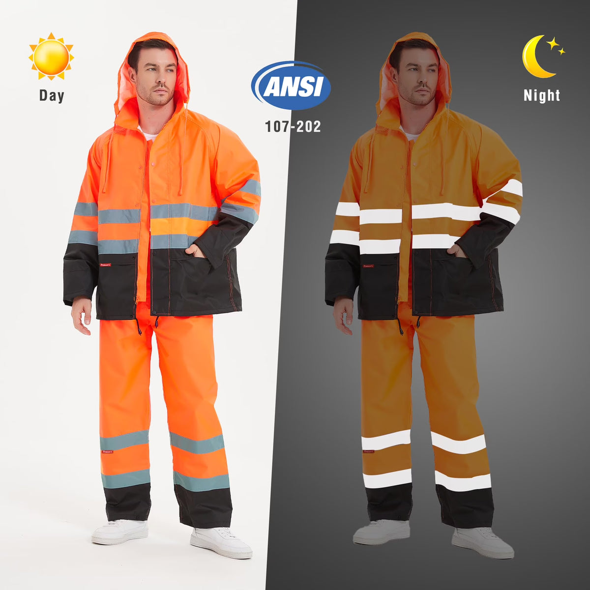 Stay Visible and Dry: Hi-Vis Waterproof Rain Jacket and Pants Set for Men and Women - Perfect for Work, Fishing, and Outdoor Adventures in Bright Orange