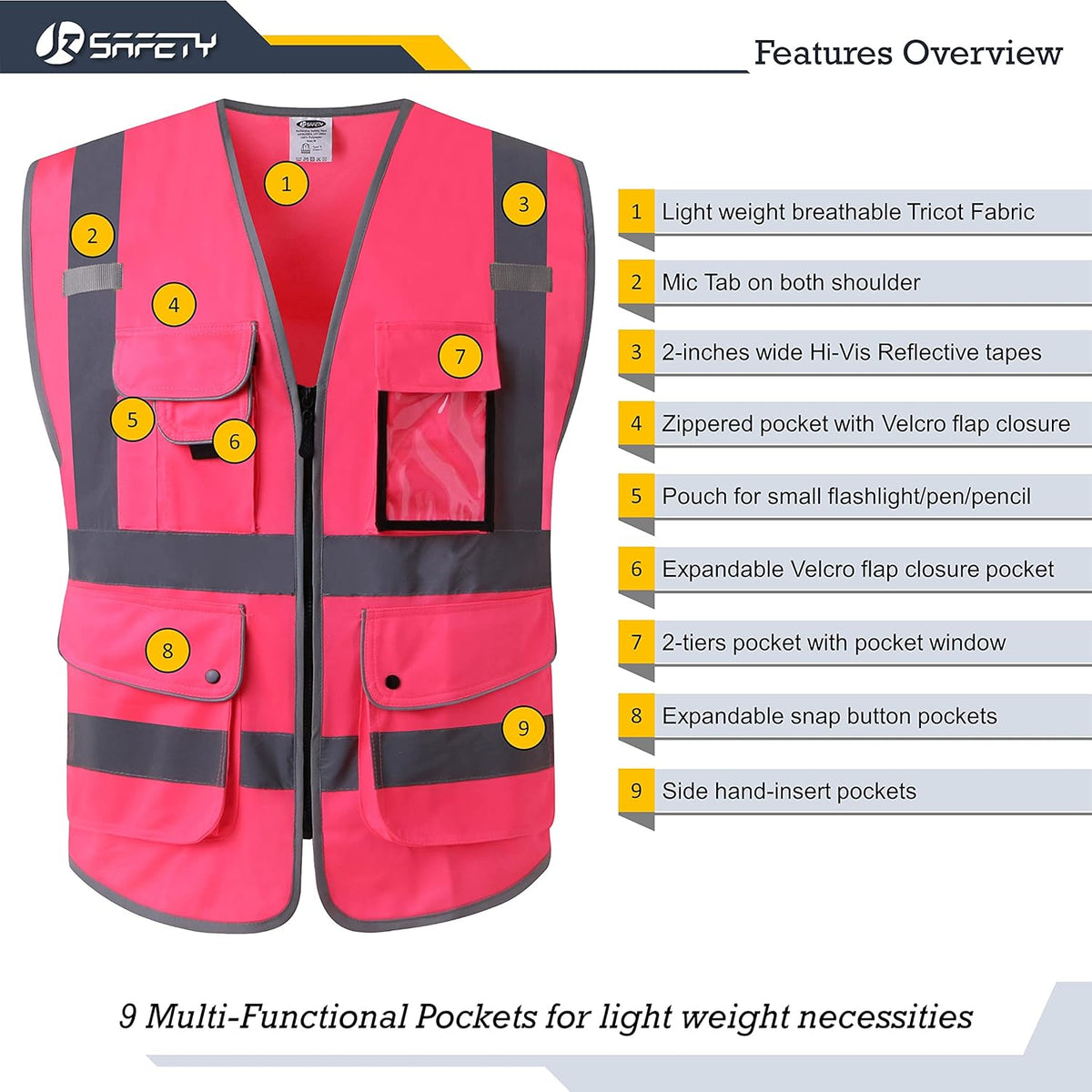 Safety Vest for Men Women Reflective Hi Vis JK150 Pink L