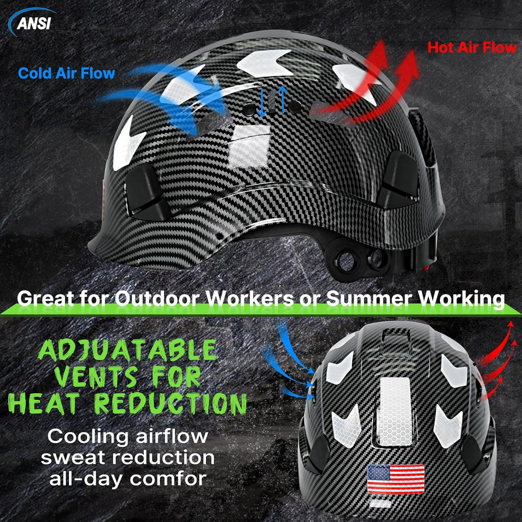 Premium Vented Carbon Fiber Hard Hat - ANSI Z89.1 Type 1 Class C Safety Helmet with 6-Point Suspension, Chin Strap & Reflective Strips for Ultimate Protection in Construction