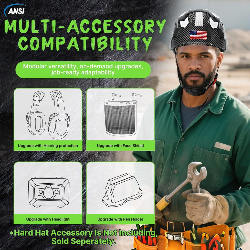 Premium Vented Carbon Fiber Hard Hat - ANSI Z89.1 Type 1 Class C Safety Helmet with 6-Point Suspension, Chin Strap & Reflective Strips for Ultimate Protection in Construction