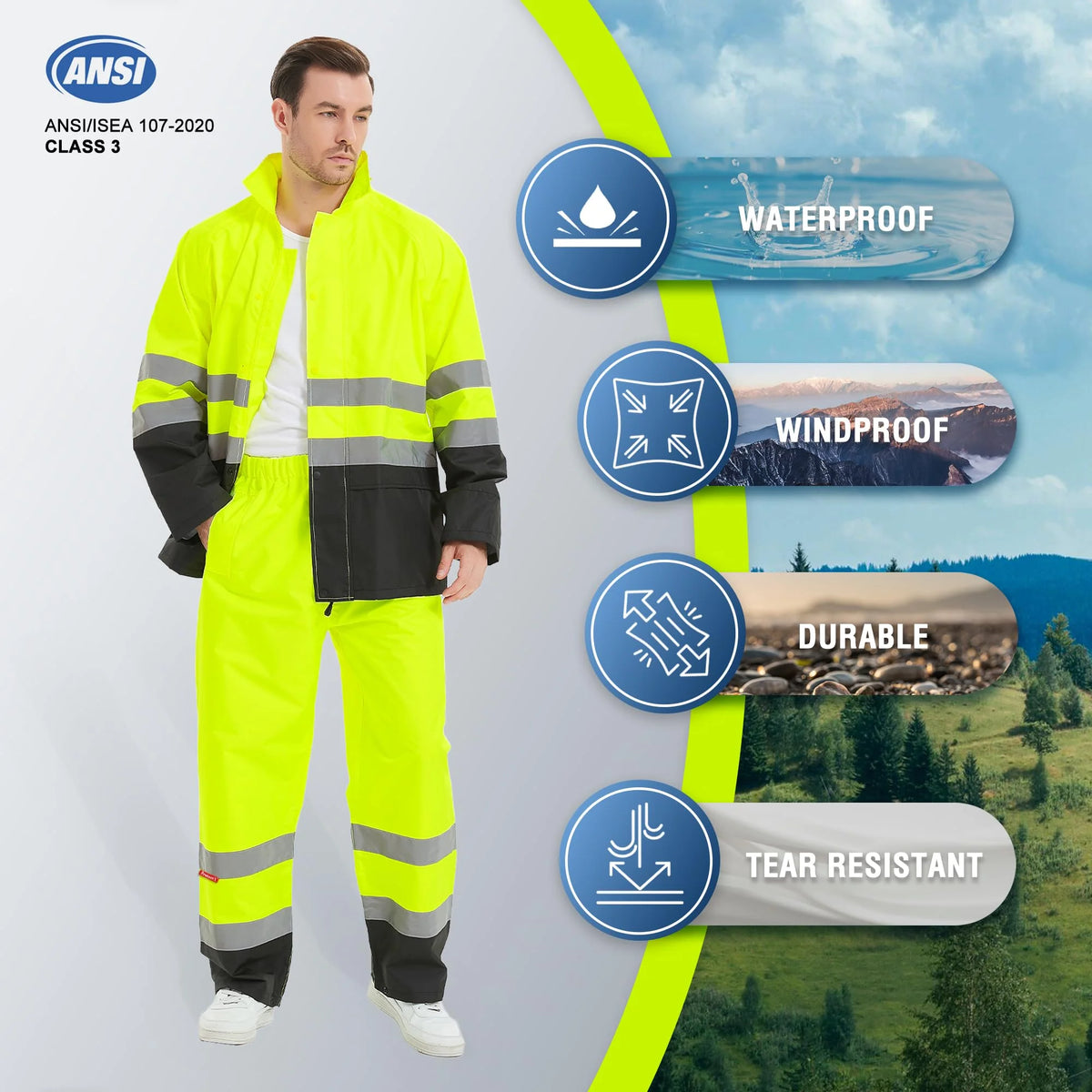 Stay Dry and Visible with Our Hi-Vis Waterproof Rain Jacket and Pants - Perfect for Work, Fishing, and Farming!