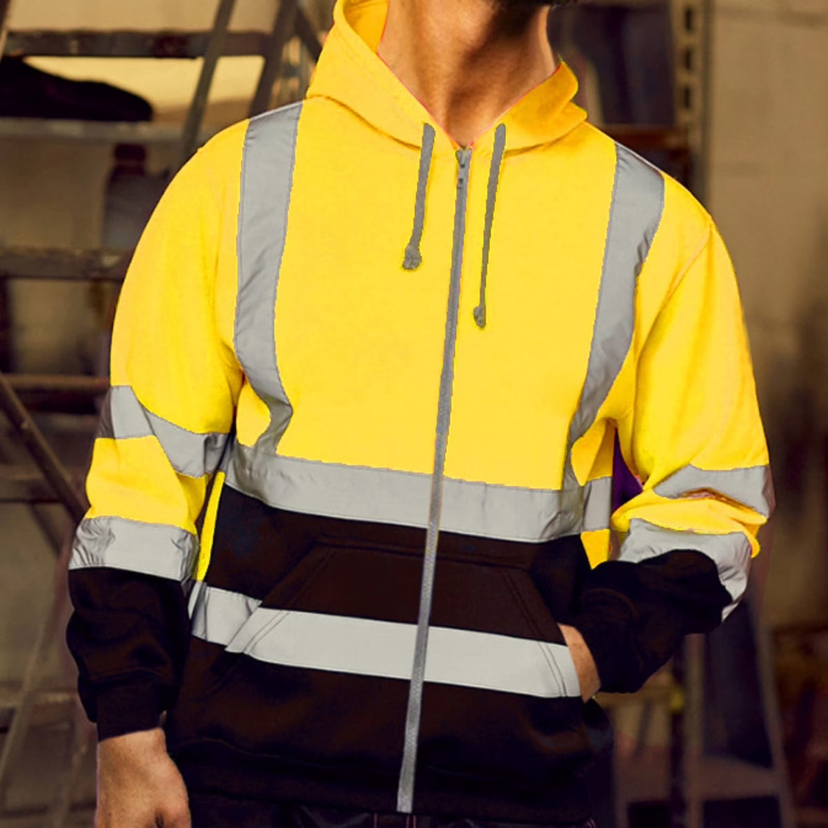 Safety Hoodie Jacket, High Vis Reflective Safety Fleece Coat Hooded Bomber for Men - Waterproof, Reflective Fall Winter Rain Jacket Hooded