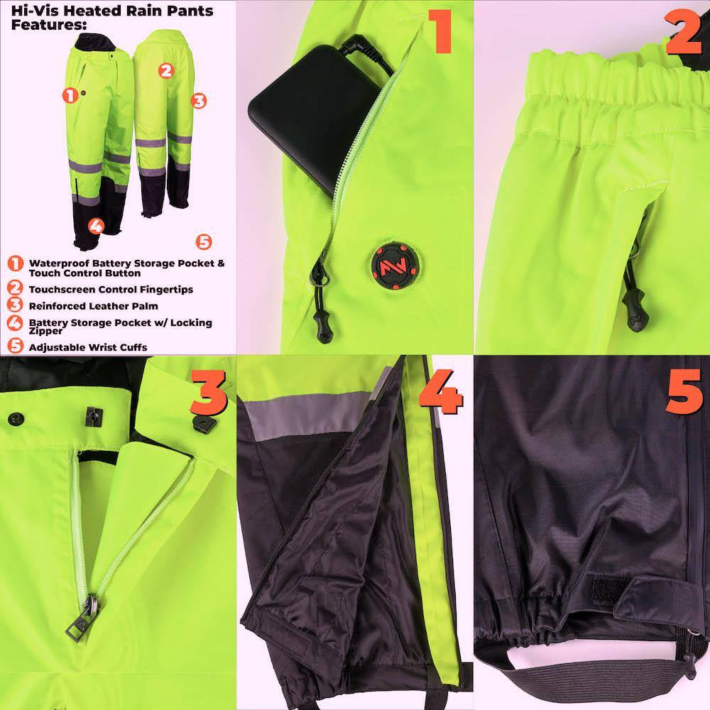High Visibility Heated Waterproof Pants with 7.4-Volt Rechargeable Lithium-Ion Battery Included