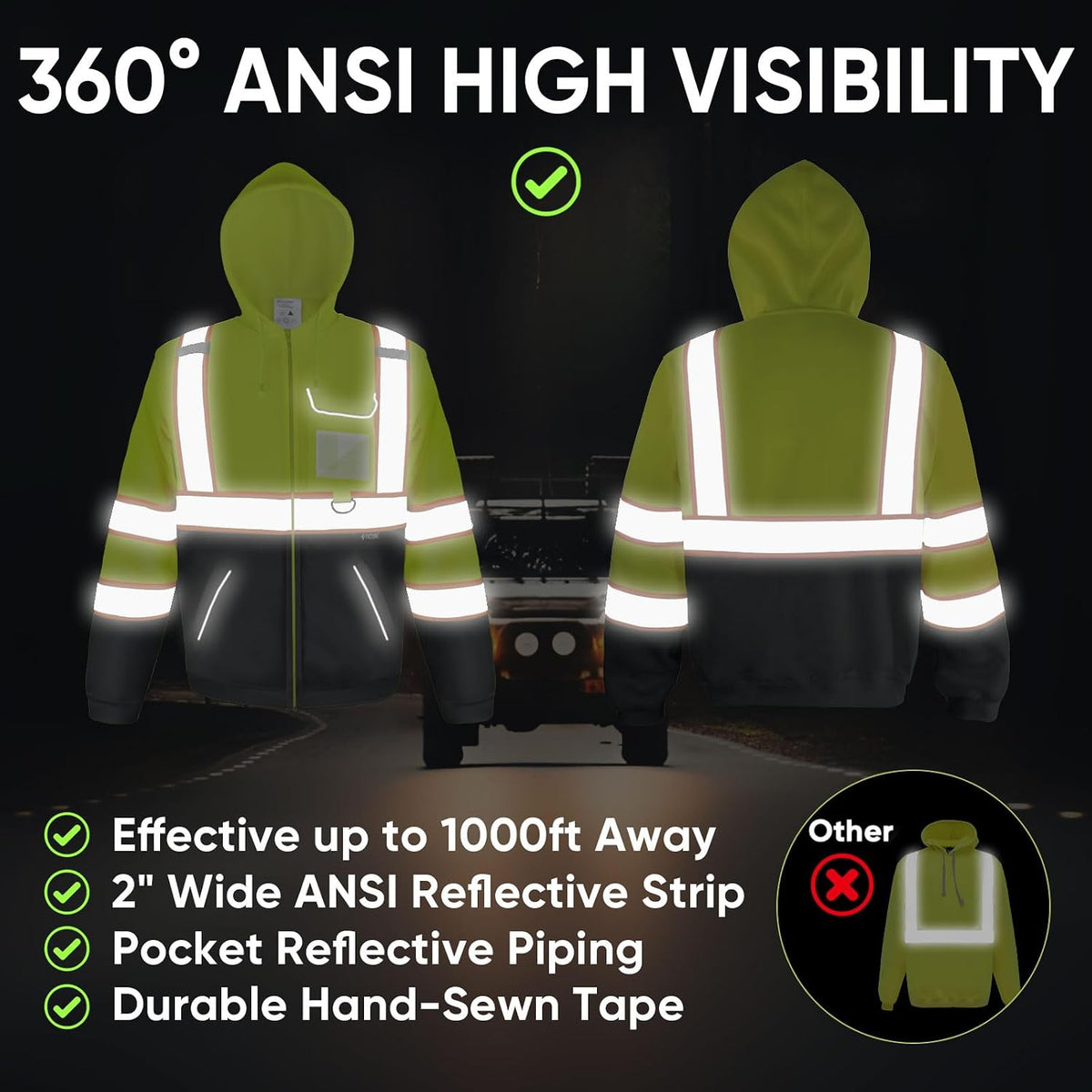 Hi Vis Safety Hoodie, ANSI Class 3 Reflective Fleece Sweatshirt