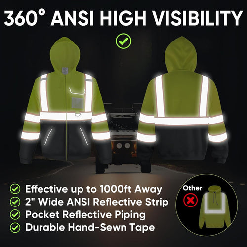 Hi Vis Safety Hoodie, ANSI Class 3 Reflective Fleece Sweatshirt