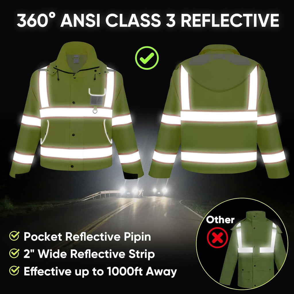 Reflective Rain Jacket, Waterproof ANSI Class 3 Hi Vis Safety Coat