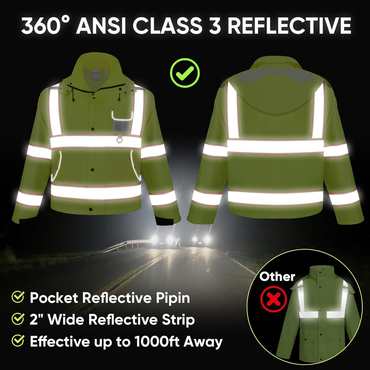 Reflective Rain Jacket, Waterproof ANSI Class 3 Hi Vis Safety Coat
