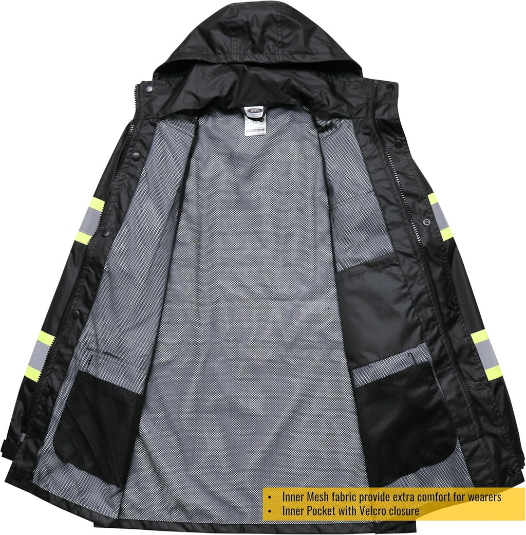 Stay Dry and Visible: Hi-Vis Waterproof Rain Jacket for Men and Women in Black - XL