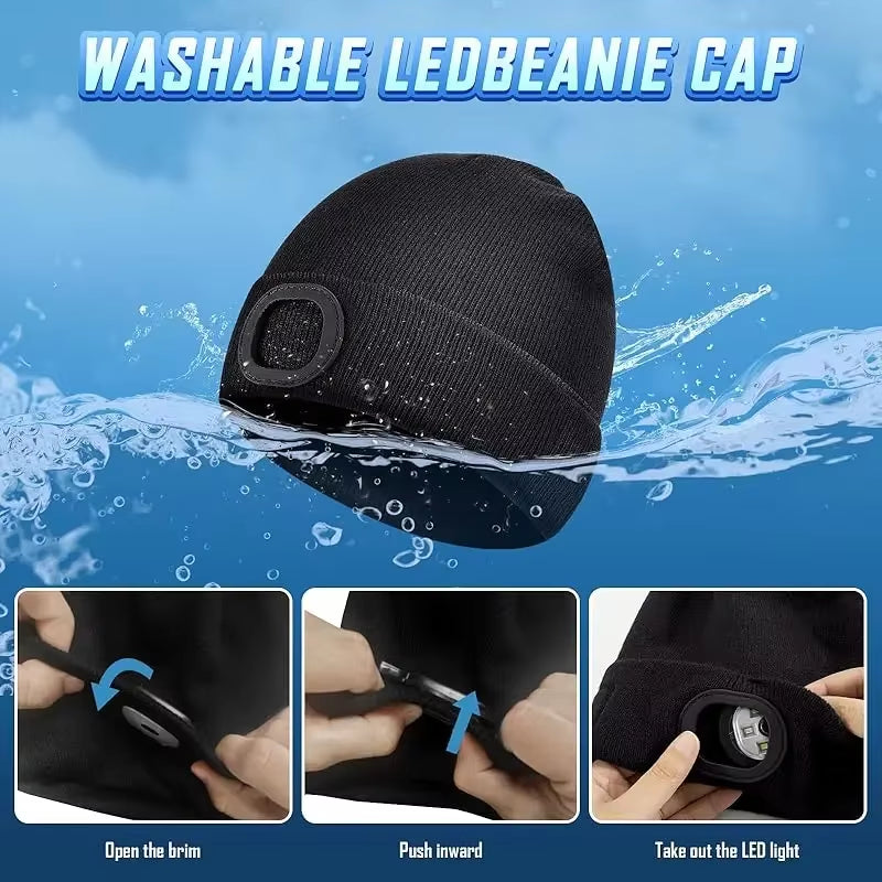 LED Beanie Hat with Light Unisex Warm Winter Hat USB Rechargeable Headlamp Cap Winter Knitted Night Lighted Hat Flashlight