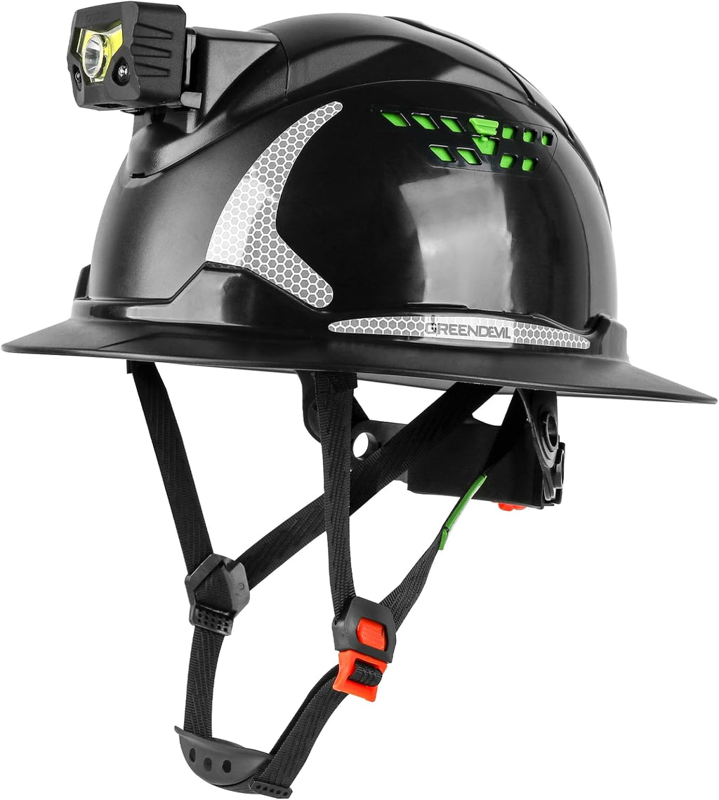 Matrix Full Brim Hard Hat with Integrated Headlight - OSHA Approved Safety Helmet for Construction Workers