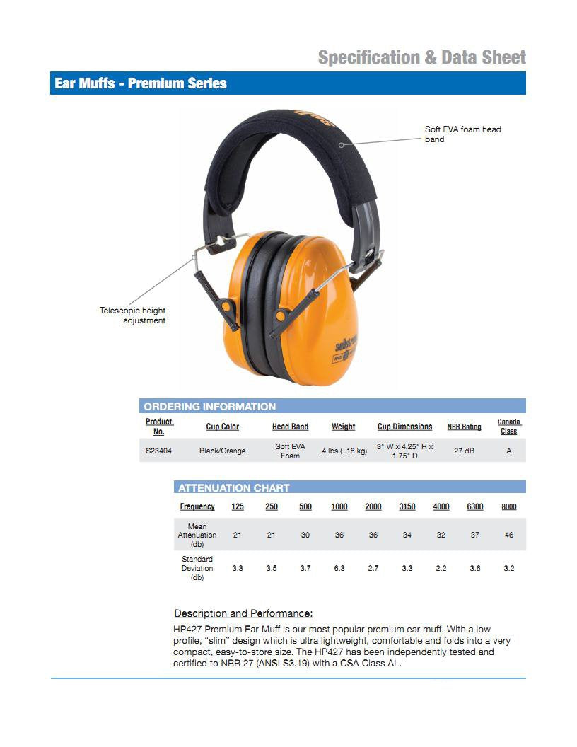 Noise Cancelling Lightweight Safety Ear Muffs, 27Db NRR, Universal Fit, Soft EVA Foam, Telescopic Height Adjustment, Black/Orange, S23404