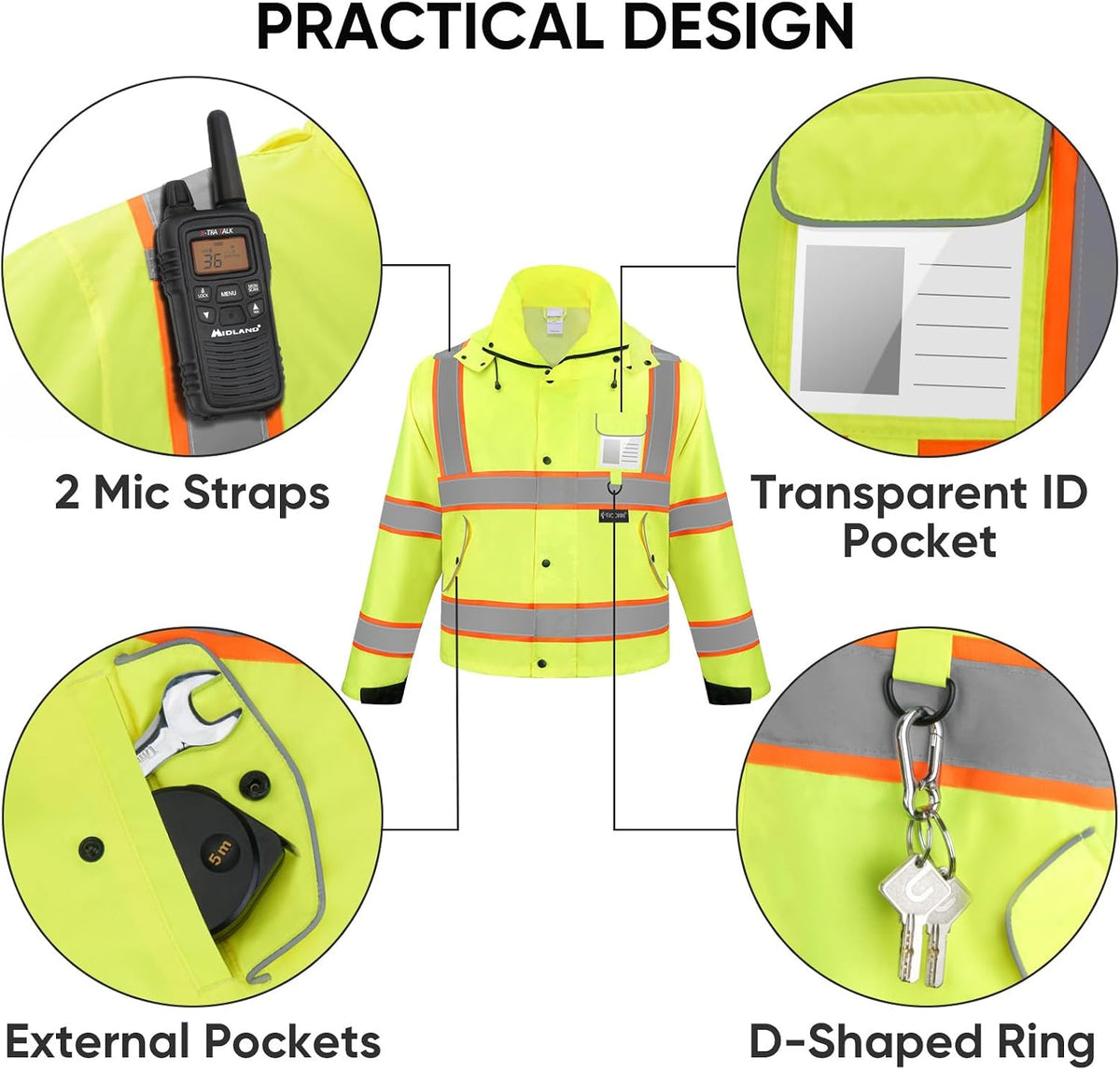 Reflective Rain Jacket, Waterproof ANSI Class 3 Hi Vis Safety Coat