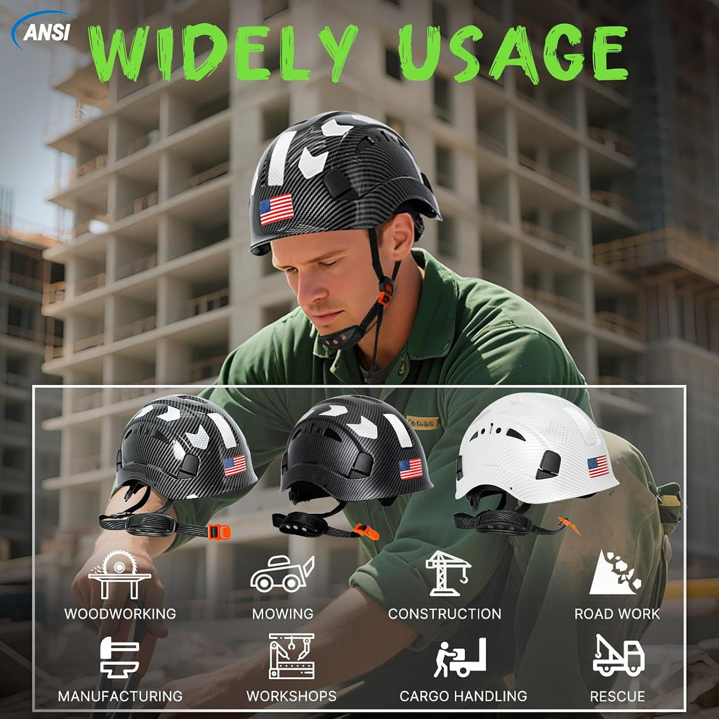 Premium Vented Carbon Fiber Hard Hat - ANSI Z89.1 Type 1 Class C Safety Helmet with 6-Point Suspension, Chin Strap & Reflective Strips for Ultimate Protection in Construction