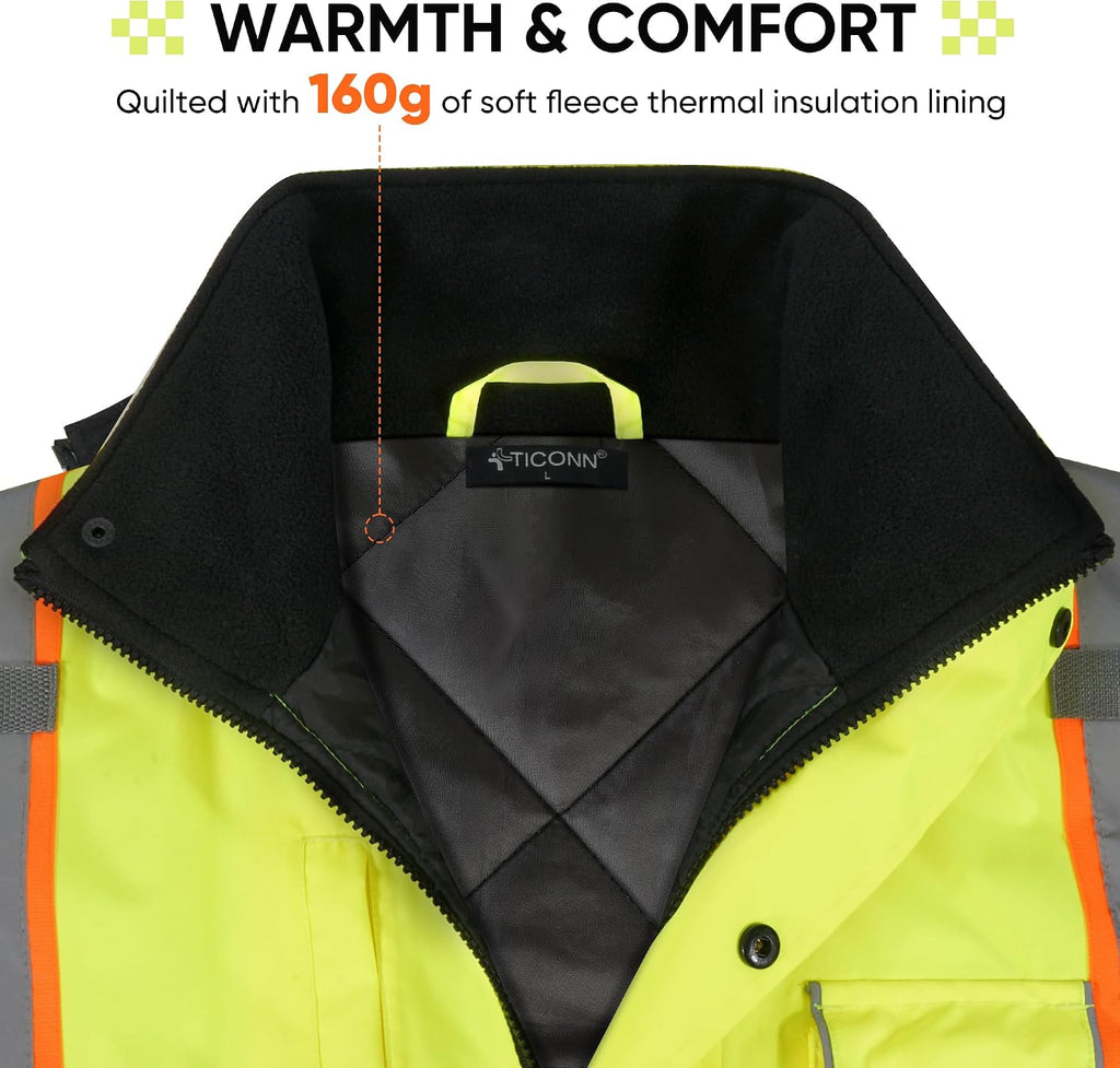 Hi Vis Safety Bomber Jacket, Fleece-Lined Waterproof ANSI Class 3