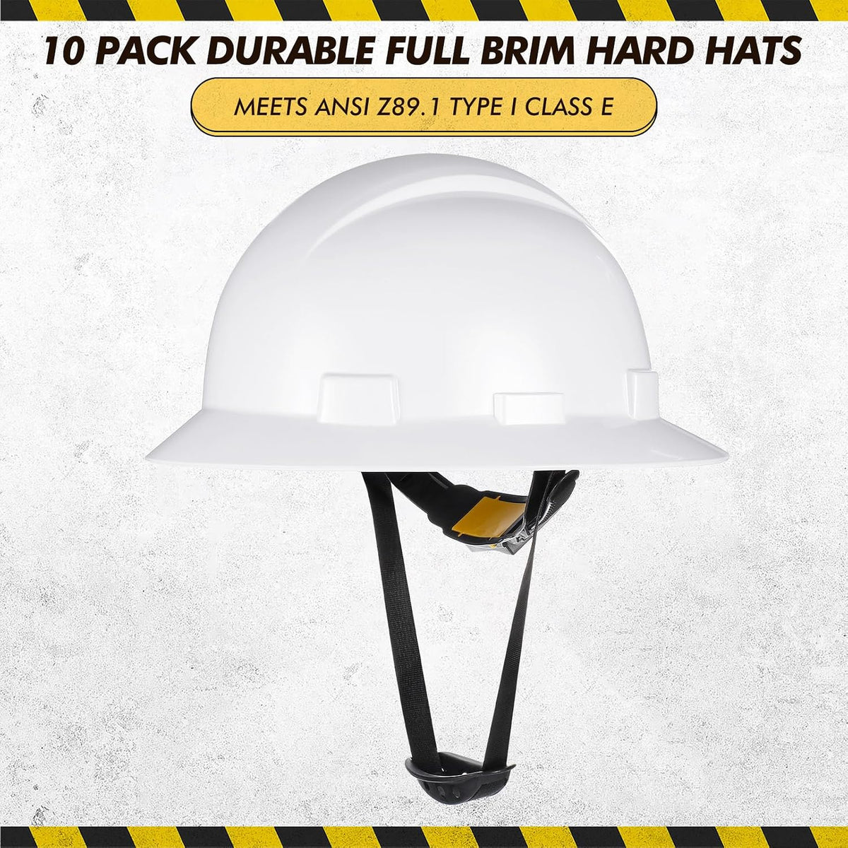 10 Pack Adjustable Full Brim Hard Hats - Durable HDPE Safety Helmets for Men and Women
