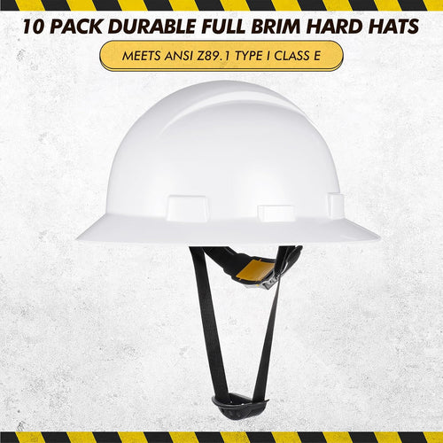 10 Pack Adjustable Full Brim Hard Hats - Durable HDPE Safety Helmets for Men and Women