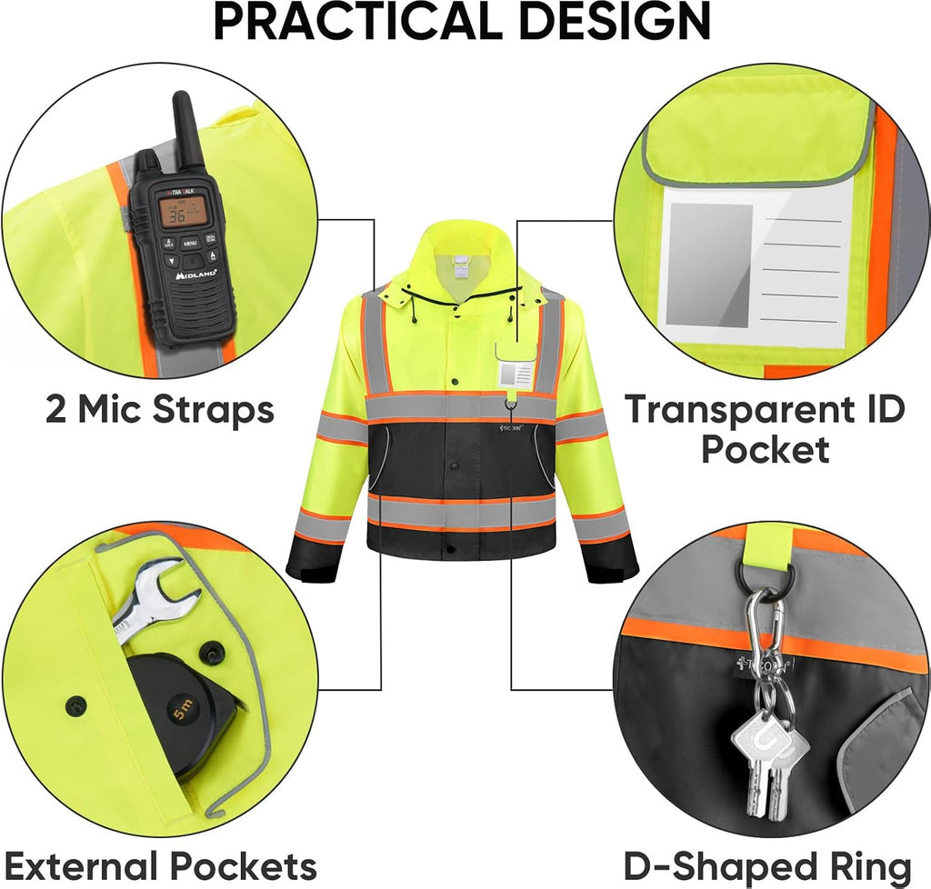 Reflective Rain Jacket, Waterproof ANSI Class 3 Hi Vis Safety Coat
