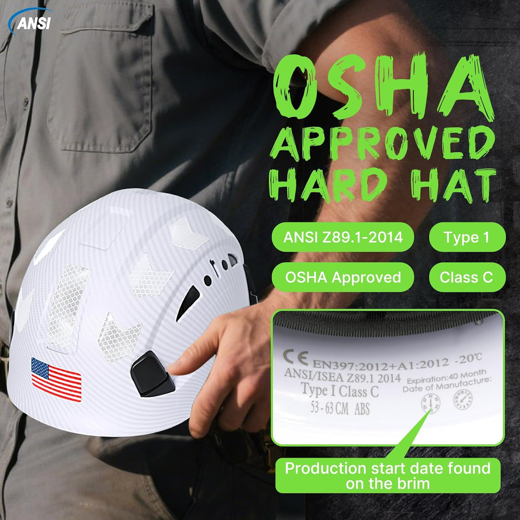 Aolamegs Vented Carbon Fiber Hard Hat - ANSI Z89.1 Type 1 Class C Safety Helmet with Reflective Strips and 6-Point Suspension for Ultimate Comfort and Protection