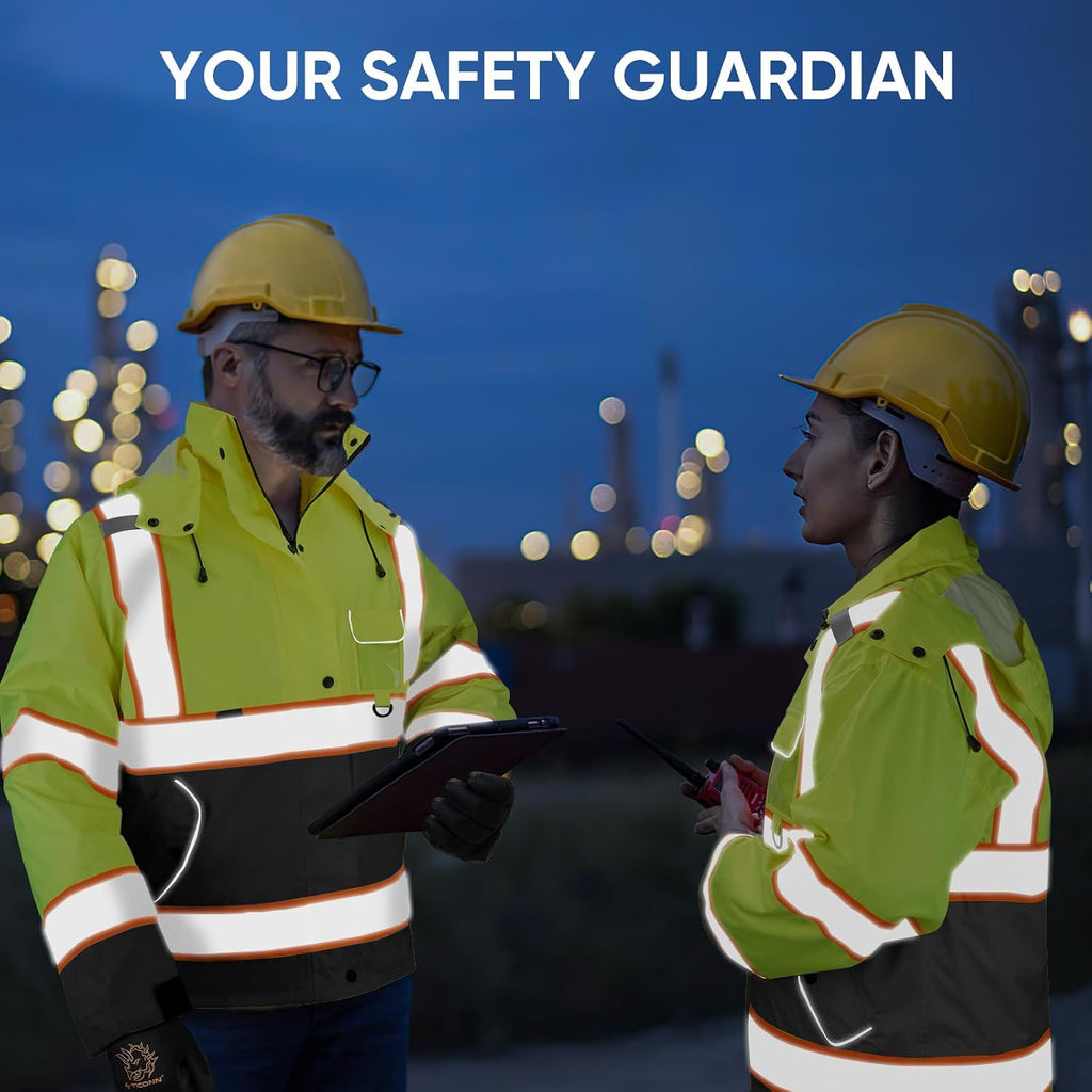 Reflective Rain Jacket, Waterproof ANSI Class 3 Hi Vis Safety Coat