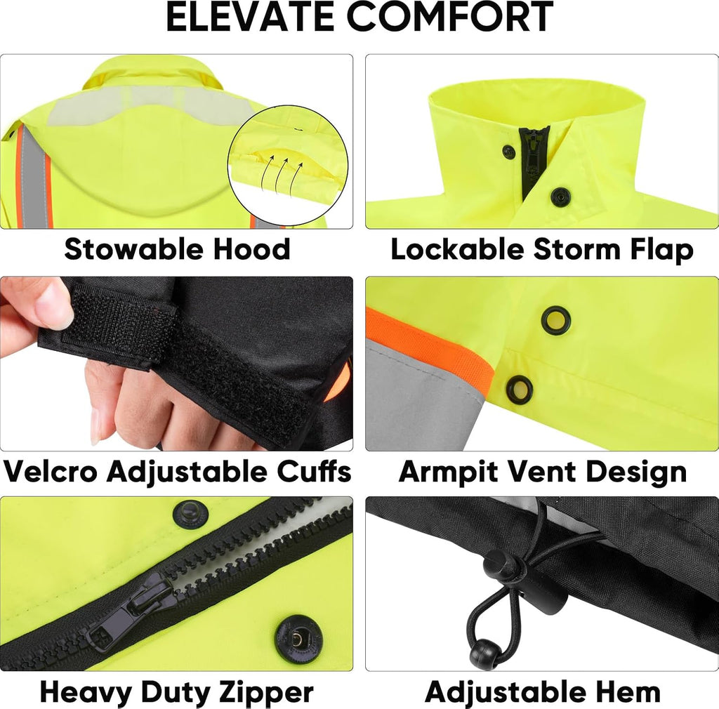 Reflective Rain Jacket, Waterproof ANSI Class 3 Hi Vis Safety Coat