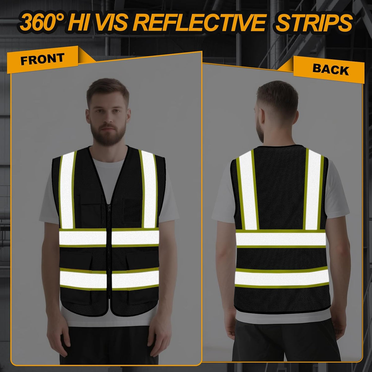 High Visibility Black Reflective Safety Vest for Men - 5 Pockets, Lightweight and Breathable, Perfect for Work and Outdoor Activities, Size Large