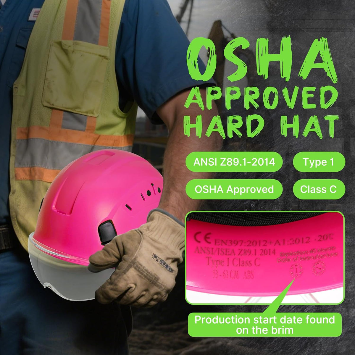 Construction Hard Hat with Visor and Chin Strap for Men,Ansi Z89.1
