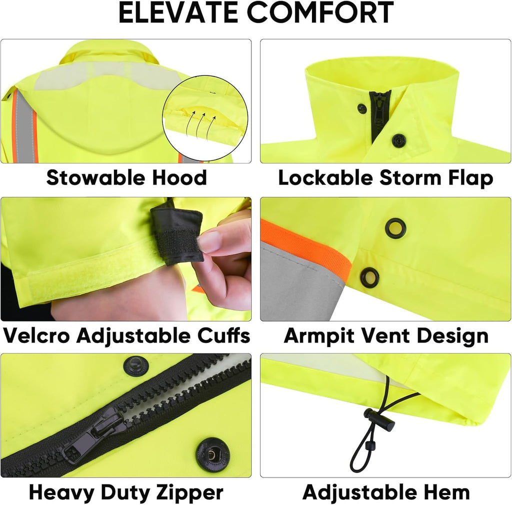 Reflective Rain Jacket, Waterproof ANSI Class 3 Hi Vis Safety Coat