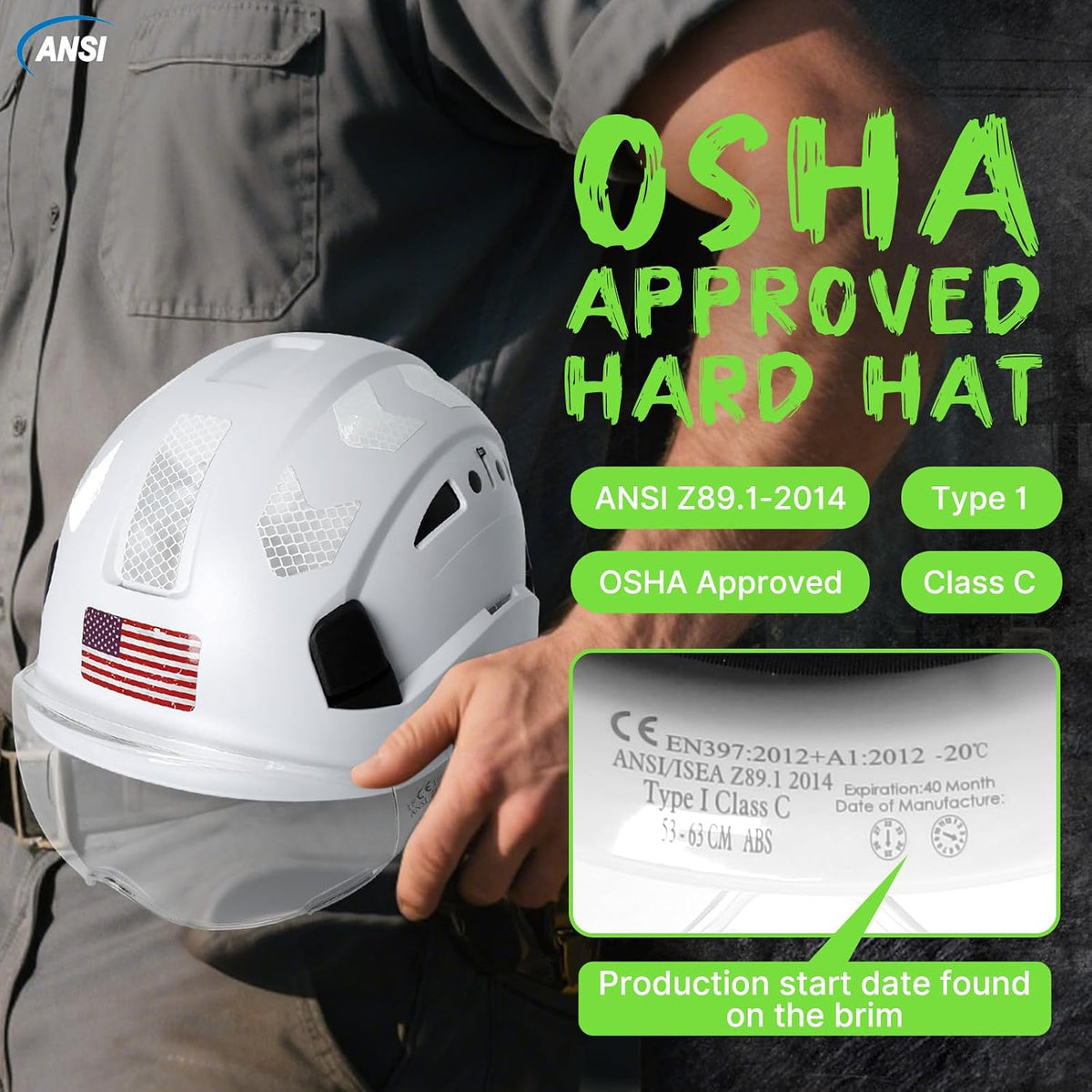 Premium Construction Safety Hard Hat - ANSI Z89.1 Certified Lightweight Reflective ABS Helmet with Adjustable Chin Strap for Men and Women - Ideal for Industrial Workwear and Optimal Head Protection