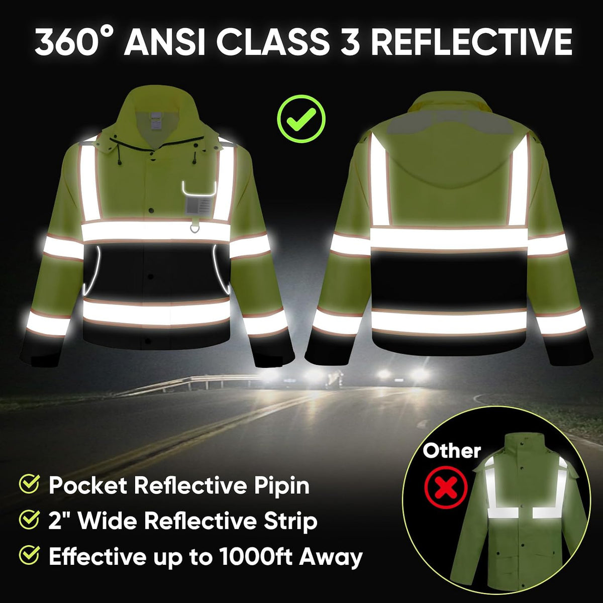 Reflective Rain Jacket, Waterproof ANSI Class 3 Hi Vis Safety Coat