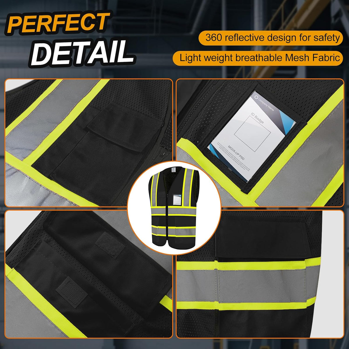 High Visibility Black Reflective Safety Vest for Men - 5 Pockets, Lightweight and Breathable, Perfect for Work and Outdoor Activities, Size Large