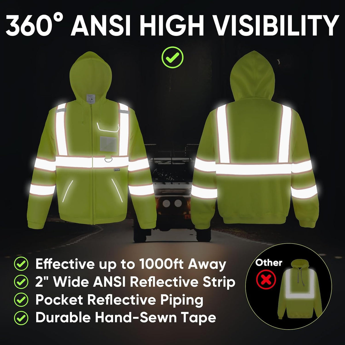 Hi Vis Safety Hoodie, ANSI Class 3 Reflective Fleece Sweatshirt