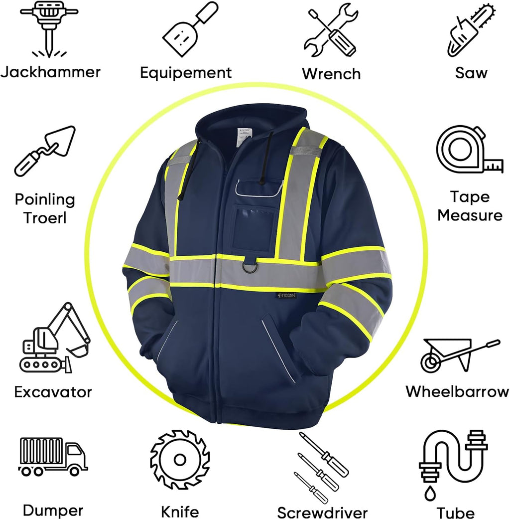 Hi Vis Safety Hoodie, ANSI Class 3 Reflective Fleece Sweatshirt