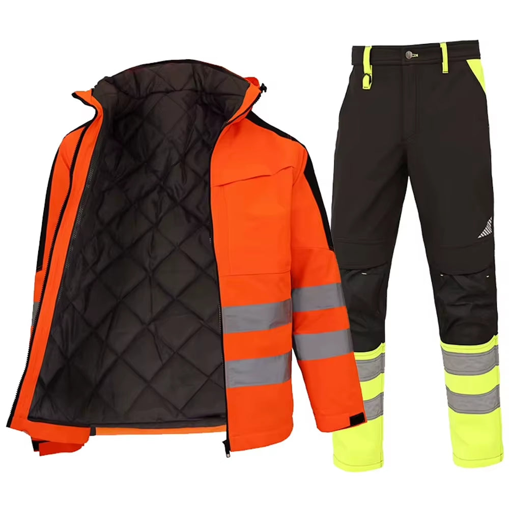 Hi Vis Working Clothes Winter Safety Jacket Waterproof High Visibility Safety Work Sets with Detachable Cotton Linner ﻿